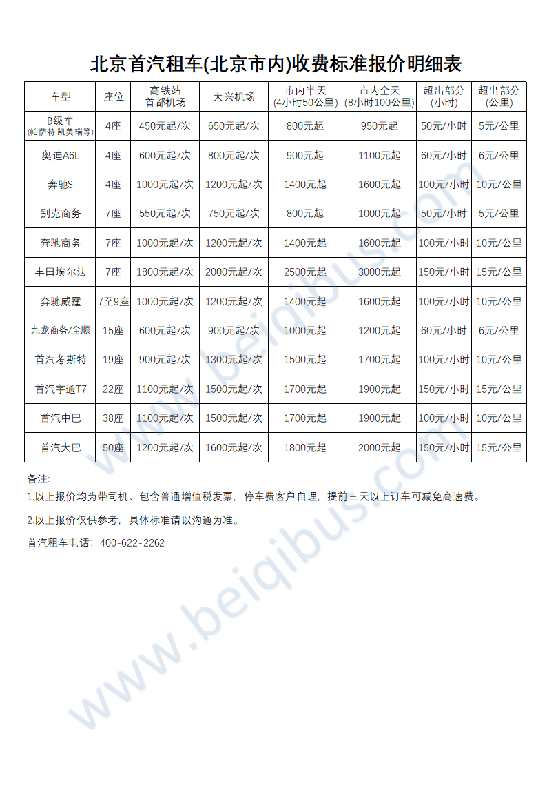 2024年首汽大巴车租赁价格明细表